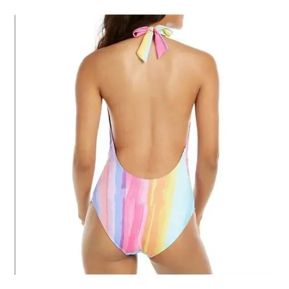 NEW RACHEL Rachel Roy One Piece Swim Suit Swimwear XL Rainbow Halter Wrap - Picture 2 of 10